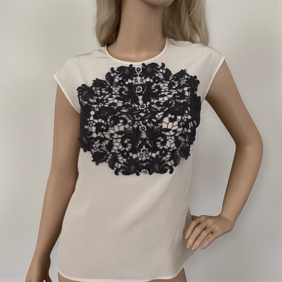 DOLCE & GABBANA Silk Black Lace Appliqué Crystal Embellished Cap Sleeve Blouse - Picture 3 of 17